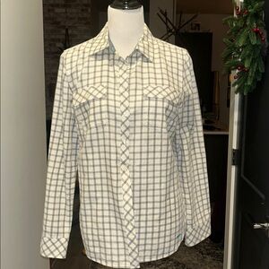 Talbots M ivory gray Plaid Button-Up Top with silver metallic accent